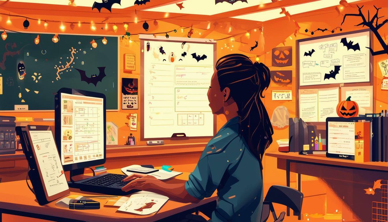 teacher in a Halloween themed classroom